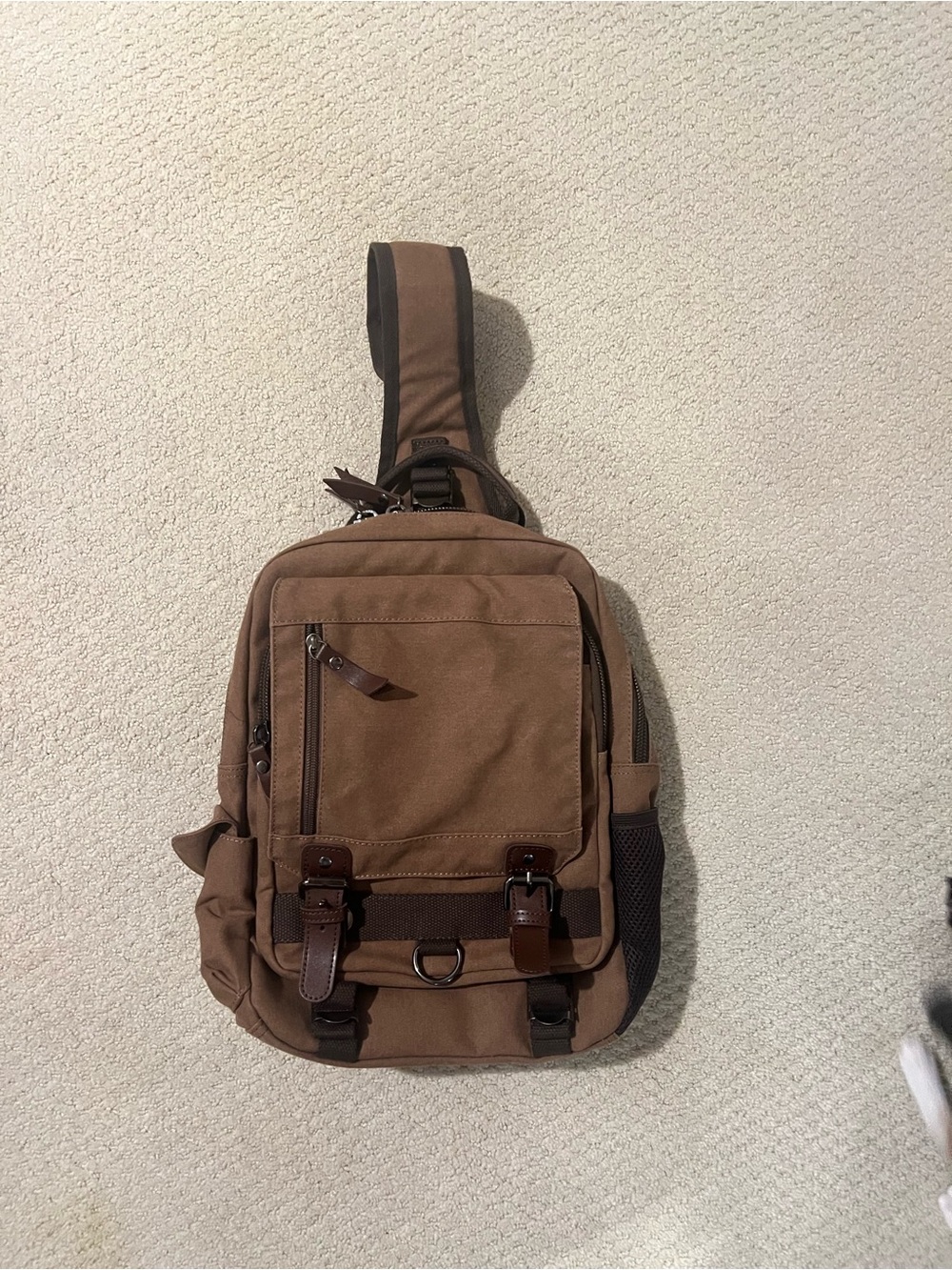 Source Unknown Brown Canvas Sling Bag with Leather Trim
